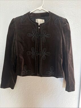 Ellen Tracy Dark Brown Velvet Embroidered Cropped Blazer